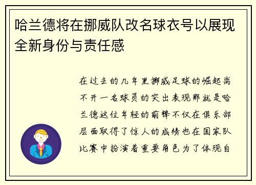 哈兰德将在挪威队改名球衣号以展现全新身份与责任感