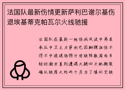 法国队最新伤情更新萨利巴谢尔基伤退埃基蒂克帕瓦尔火线驰援